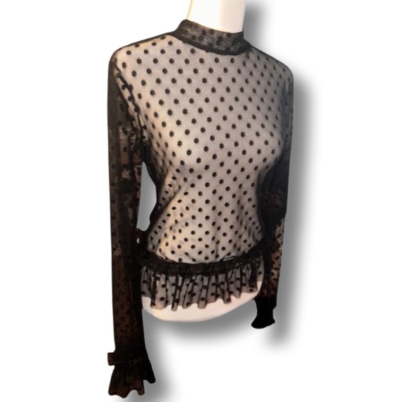 Zara Tops - Zara Swiss Dot Long Sleeve Ruffle Hemmed Mesh Blouse Size Medium Women’s
